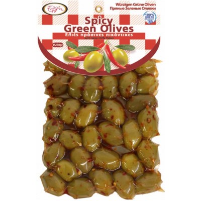 Mildly spicy green olives with red chili (vacuum pack 250g)