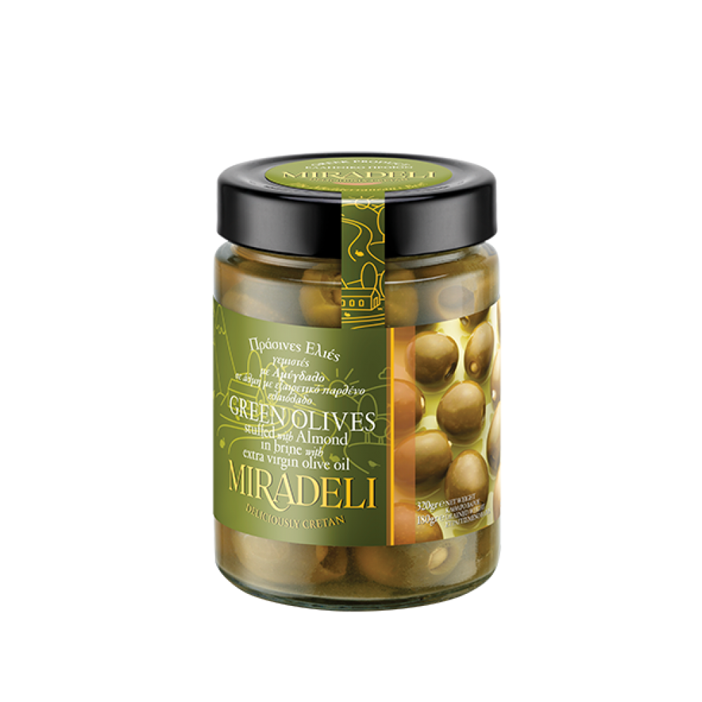 Green olives in brine stuffed with almond (jar) 320gr Vassilakis Estate selections