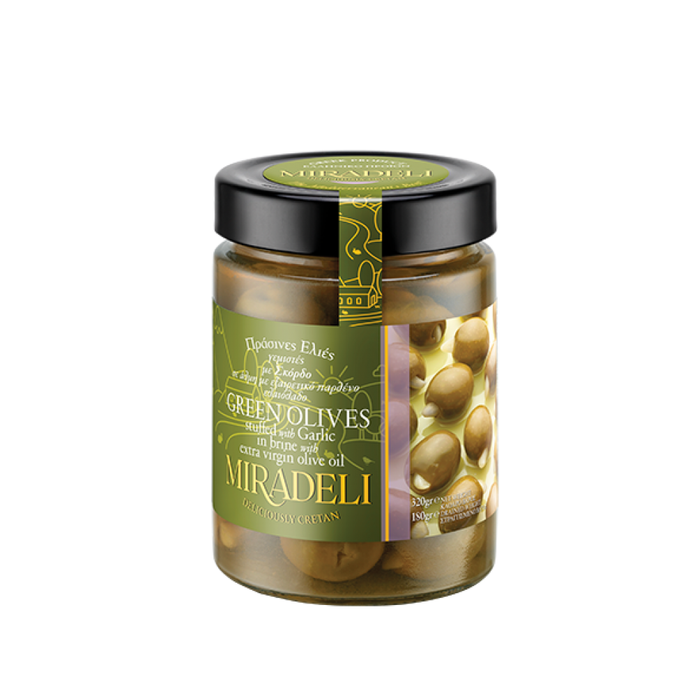 Green olives in brine stuffed with garlic (jar) 320gr Vassilakis Estate selections
