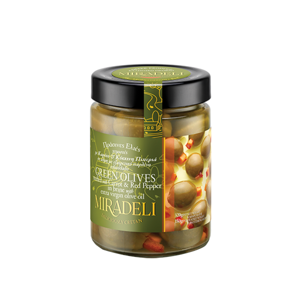 Green olives in brine stuffed with Carrot & Red Pepper (jar) 320gr Vassilakis Estate selections