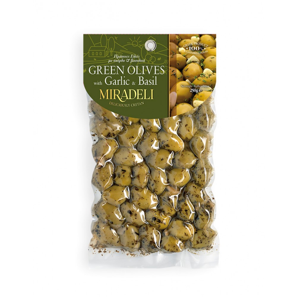 Green olives with Basil & Garlic  (vacuum pack 250g) Vassilakis Estate selections