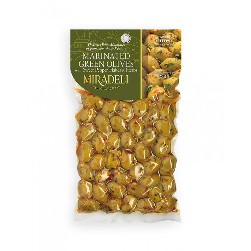 Marinated green olives with sweet chili & herbs (vacuum pack 250g) Vassilakis Estate selections