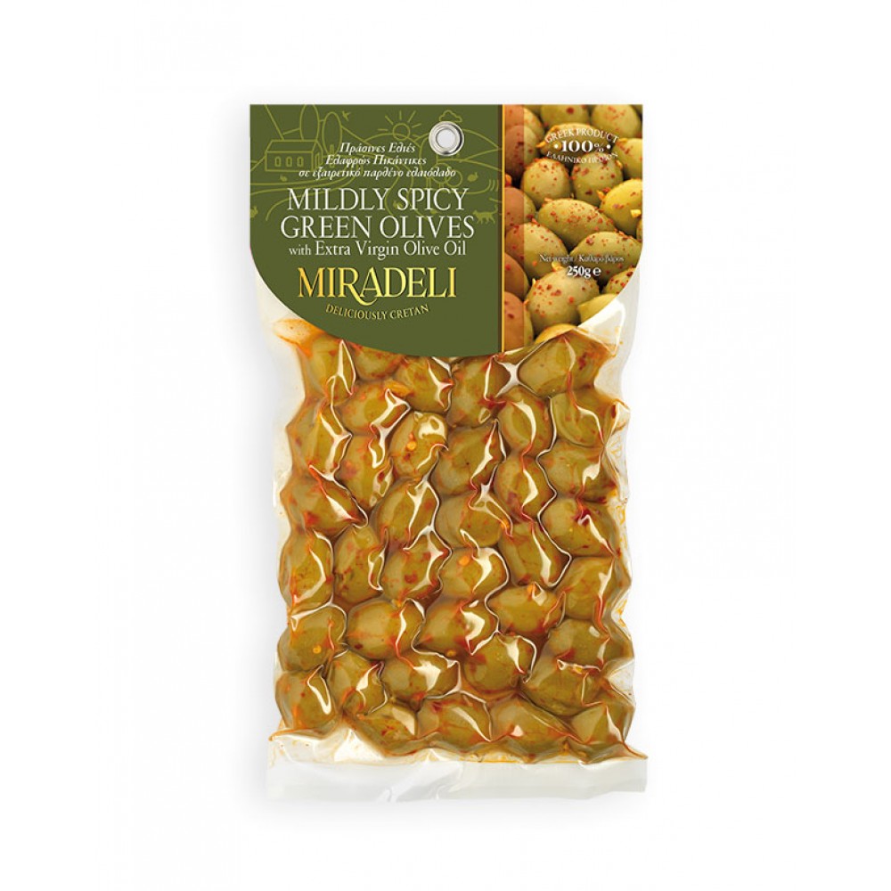 Mildly spicy green olives with red chili (vacuum pack 250g) Vassilakis Estate selections