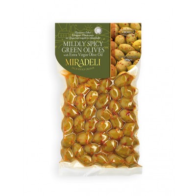 Mildly spicy green olives with red chili (vacuum pack 250g)