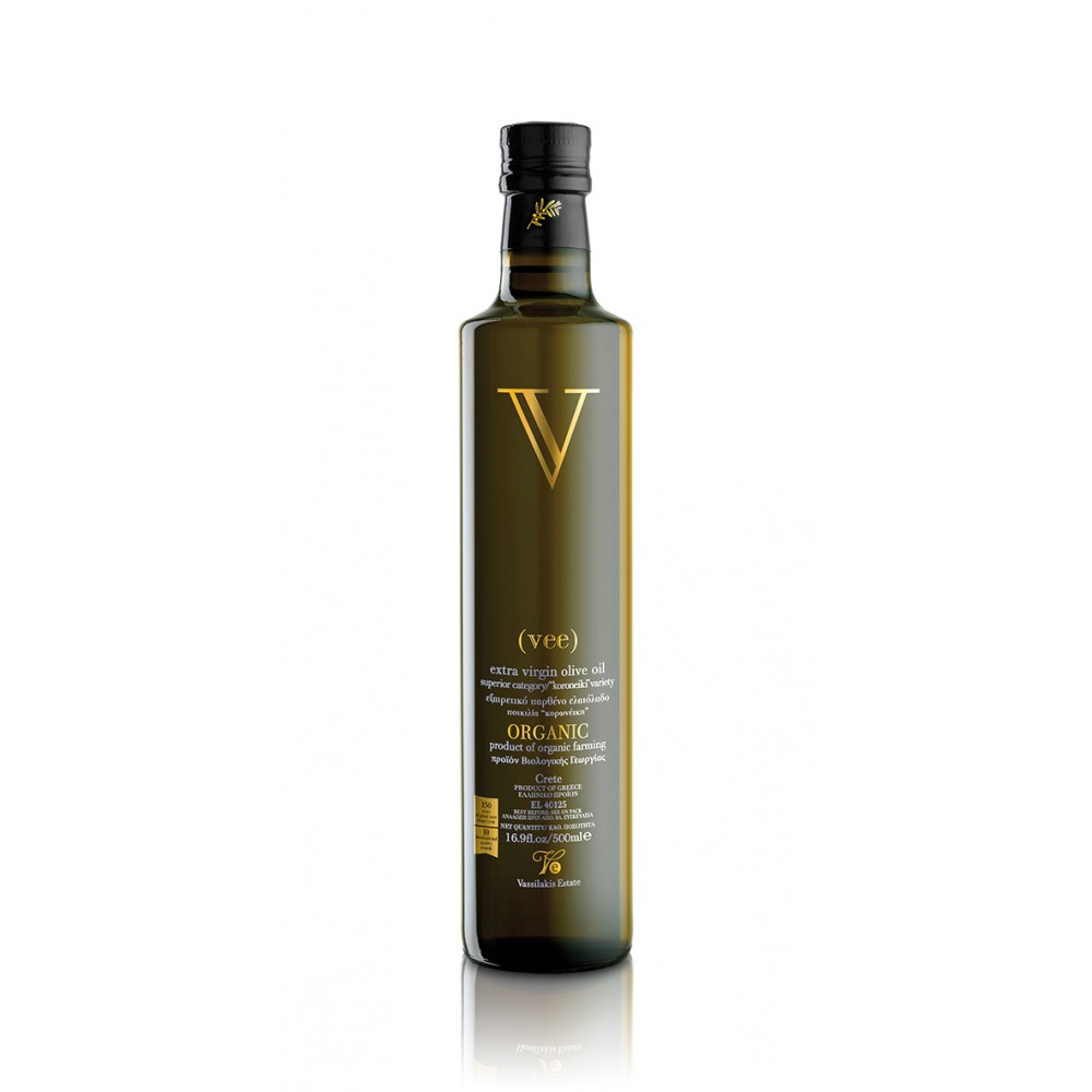 V(vee) 500ml glass bottle - Organic extra virgin olive oil Vassilakis Estate Brands