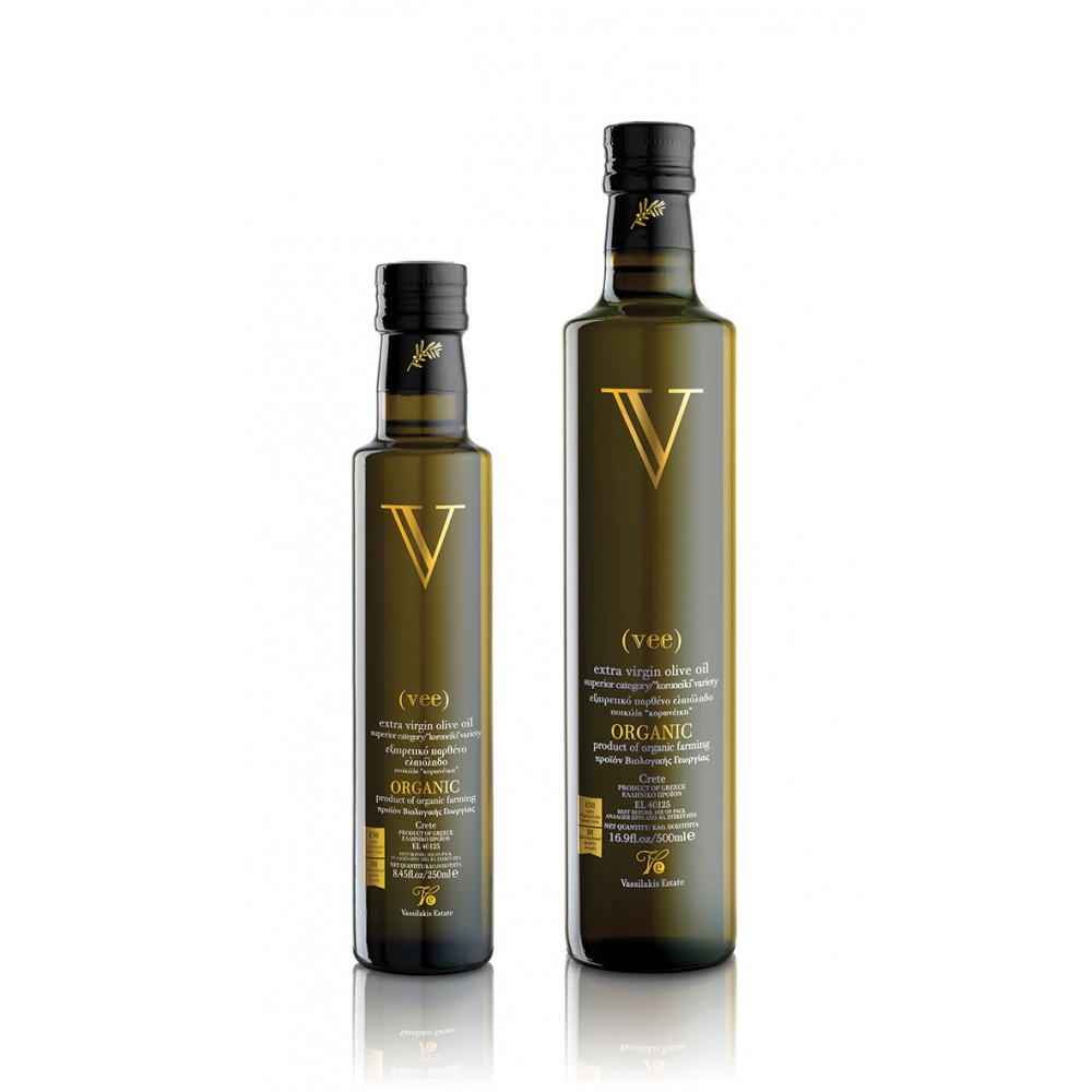 V(vee) 500ml glass bottle - Organic extra virgin olive oil Vassilakis Estate Brands